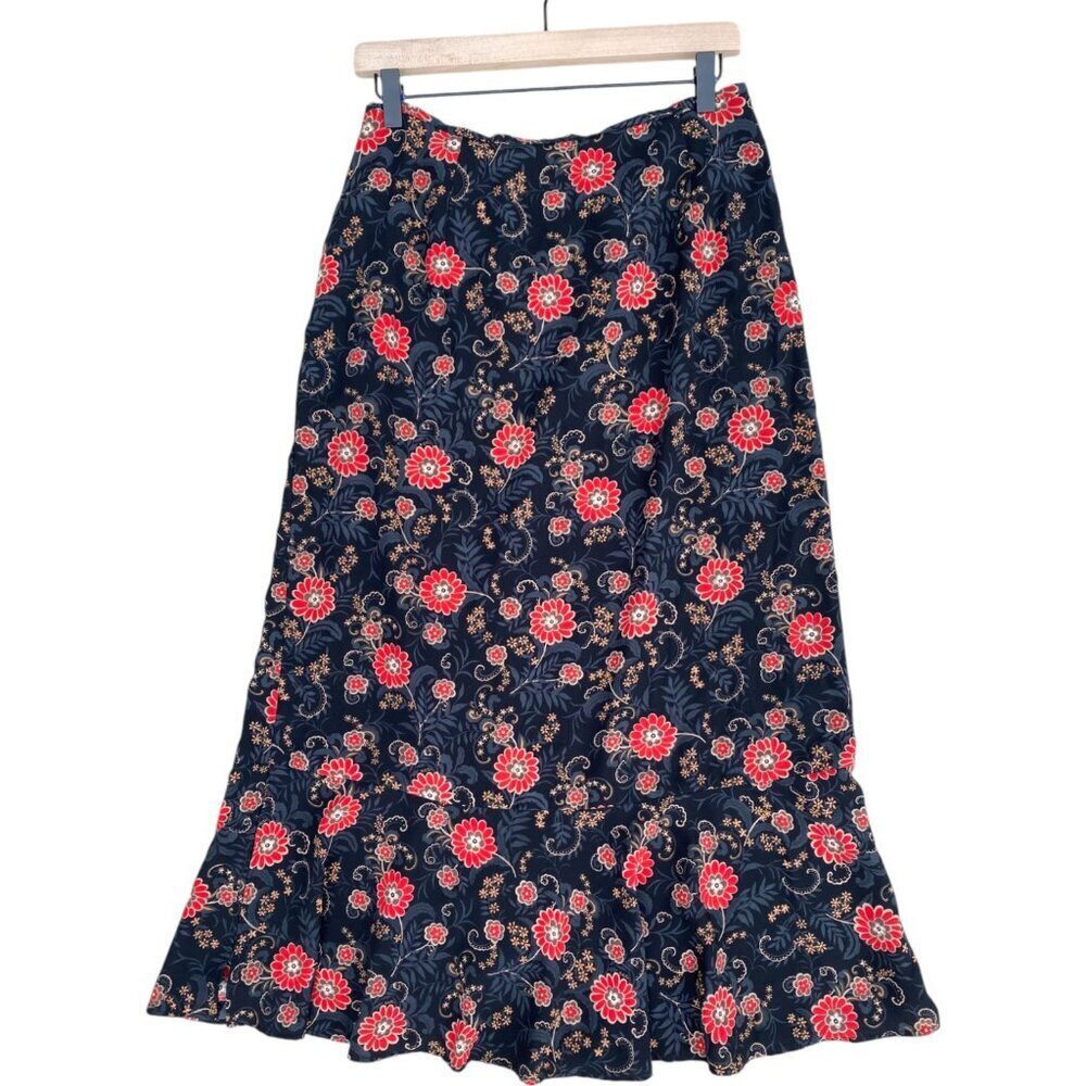 Vintage Satin Floral Midi Skirt with Ruffle Hem - Size 8